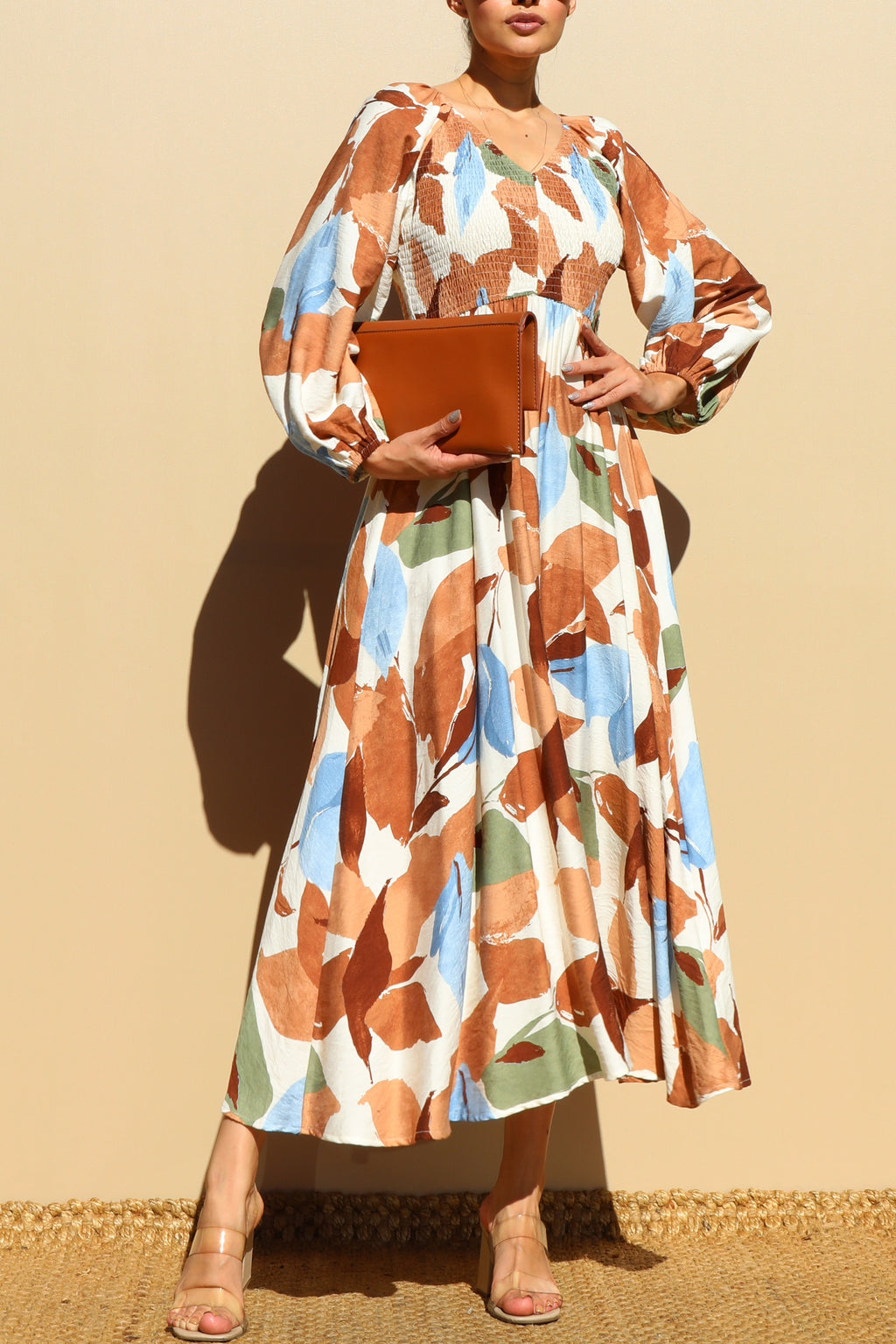 DD7846, PRINTED SMOCK TOP WOVEN MIDI DRESSES