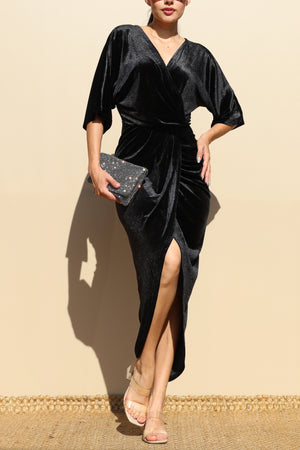 DD7818, V NECK VELVET RUCHED BODYCON DRESS