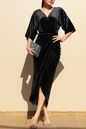 DD7818, V NECK VELVET RUCHED BODYCON DRESS