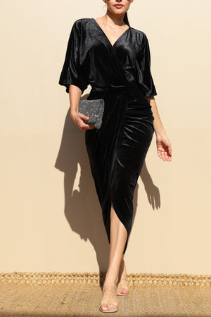 DD7818, V NECK VELVET RUCHED BODYCON DRESS