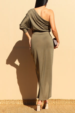 DD7562, ONE SHOULDER KNIT RUCHED BODYCON DRESS