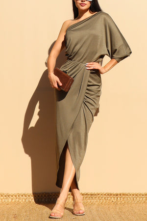 DD7562, ONE SHOULDER KNIT RUCHED BODYCON DRESS