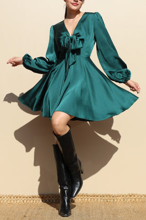 DD7432, TIE FRT SATIN MINI DRESSES