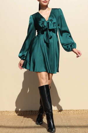 DD7432, TIE FRT SATIN MINI DRESSES