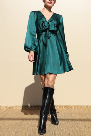 DD7432, TIE FRT SATIN MINI DRESSES