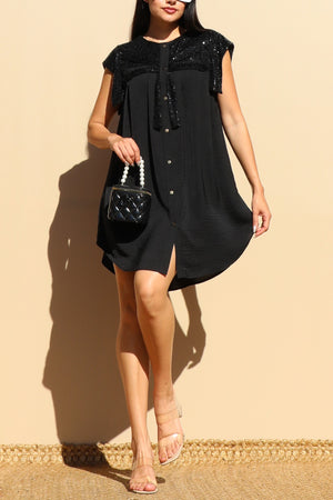 DD7478, BUTTON DOWN SEQUIN SHIRT DRESS