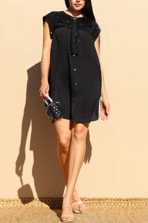 DD7478, BUTTON DOWN SEQUIN SHIRT DRESS
