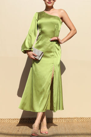 DD7475, ONE SHOULDER SATIN MIDI DRESSES