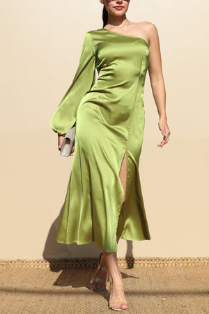 DD7475, ONE SHOULDER SATIN MIDI DRESSES