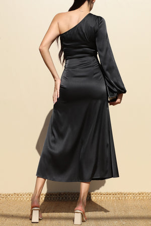 DD7475, ONE SHOULDER SATIN MIDI DRESSES