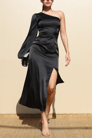DD7475, ONE SHOULDER SATIN MIDI DRESSES
