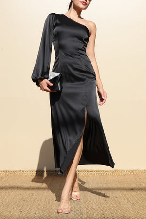 DD7475, ONE SHOULDER SATIN MIDI DRESSES