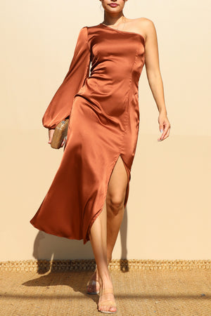 DD7475, ONE SHOULDER SATIN MIDI DRESSES