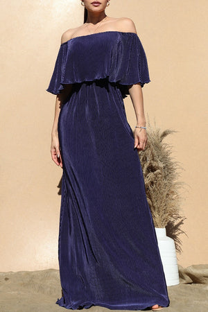 DD1658, PLEATED OFF SHOULDER MAXI DRESS
