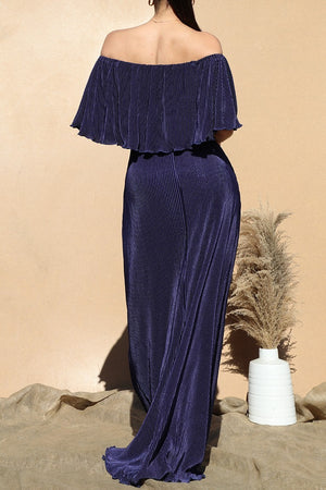 DD1658, PLEATED OFF SHOULDER MAXI DRESS