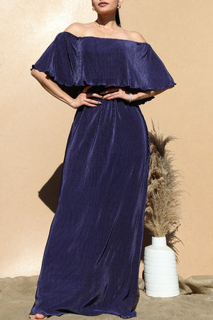 DD1658, PLEATED OFF SHOULDER MAXI DRESS