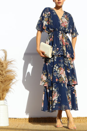 DD7992, FLORAL LOOSE FIT RUFFLE TIERED MIDI DRESSES