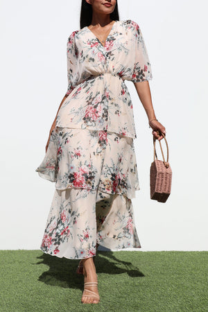 DD7992, FLORAL LOOSE FIT RUFFLE TIERED MIDI DRESSES
