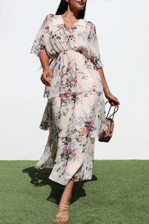 DD7992, FLORAL LOOSE FIT RUFFLE TIERED MIDI DRESSES