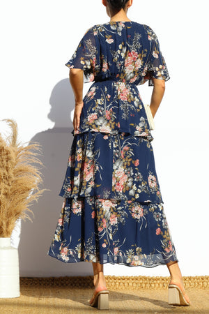 DD7992, FLORAL LOOSE FIT RUFFLE TIERED MIDI DRESSES