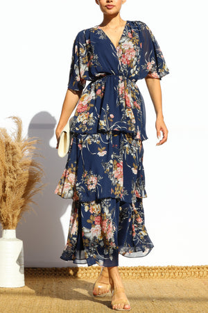 DD7992, FLORAL LOOSE FIT RUFFLE TIERED MIDI DRESSES