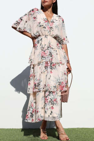 DD7992, FLORAL LOOSE FIT RUFFLE TIERED MIDI DRESSES
