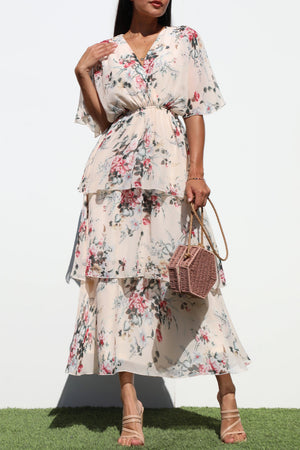 DD7992, FLORAL LOOSE FIT RUFFLE TIERED MIDI DRESSES