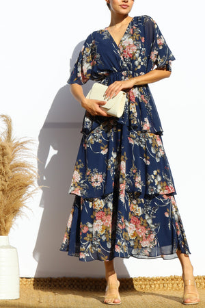 DD7992, FLORAL LOOSE FIT RUFFLE TIERED MIDI DRESSES