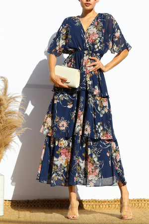 DD7992, FLORAL LOOSE FIT RUFFLE TIERED MIDI DRESSES
