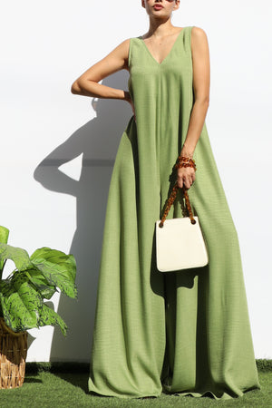 DD7989, LOOSE FIT V NECK FLARE-LEG JUMPSUIT