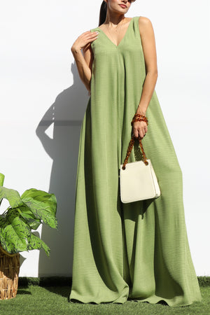 DD7989, LOOSE FIT V NECK FLARE-LEG JUMPSUIT