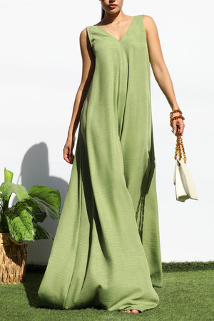 DD7989, LOOSE FIT V NECK FLARE-LEG JUMPSUIT