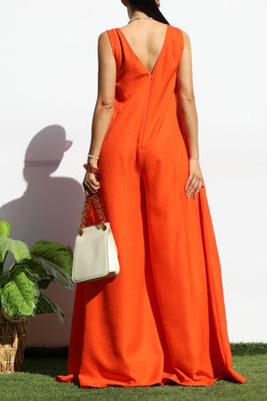 DD7989, LOOSE FIT V NECK FLARE-LEG JUMPSUIT