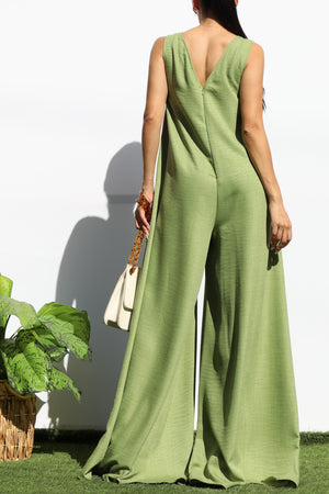 DD7989, LOOSE FIT V NECK FLARE-LEG JUMPSUIT