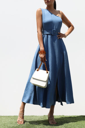DD7988, BELTED ONE SHOULDER FLARED MIDI DRESS