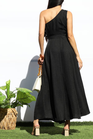 DD7988, BELTED ONE SHOULDER FLARED MIDI DRESS