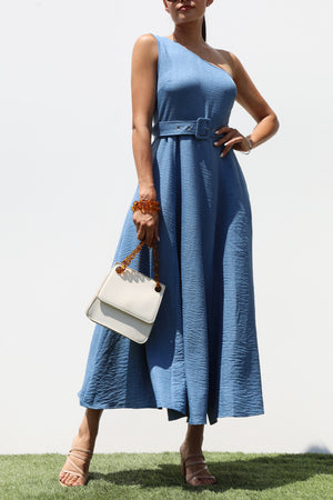 DD7988, BELTED ONE SHOULDER FLARED MIDI DRESS