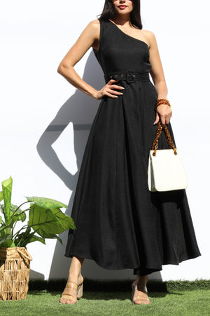 DD7988, BELTED ONE SHOULDER FLARED MIDI DRESS