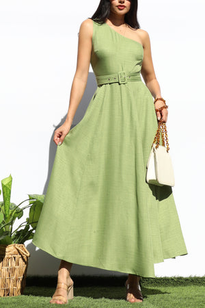 DD7988, BELTED ONE SHOULDER FLARED MIDI DRESS