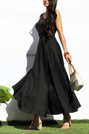 DD7988, BELTED ONE SHOULDER FLARED MIDI DRESS