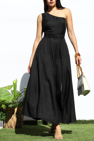 DD7988, BELTED ONE SHOULDER FLARED MIDI DRESS