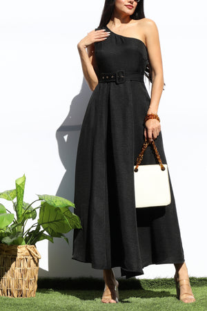 DD7988, BELTED ONE SHOULDER FLARED MIDI DRESS
