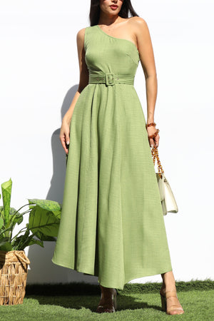 DD7988, BELTED ONE SHOULDER FLARED MIDI DRESS