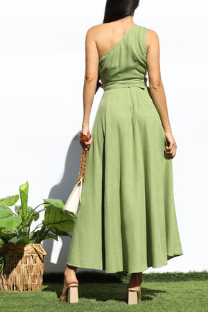 DD7988, BELTED ONE SHOULDER FLARED MIDI DRESS