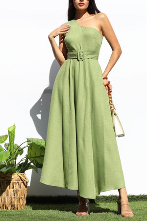 DD7988, BELTED ONE SHOULDER FLARED MIDI DRESS