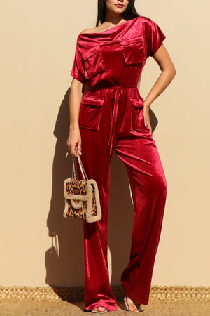 DD4880, OFF SHOULDER VELVET JUMPSUIT