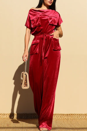 DD4880, OFF SHOULDER VELVET JUMPSUIT