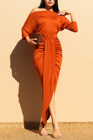 DD7528, OFF SHOULDER KNIT RUCHED BODYCON DRESS