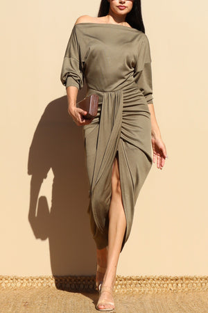 DD7528, OFF SHOULDER KNIT RUCHED BODYCON DRESS