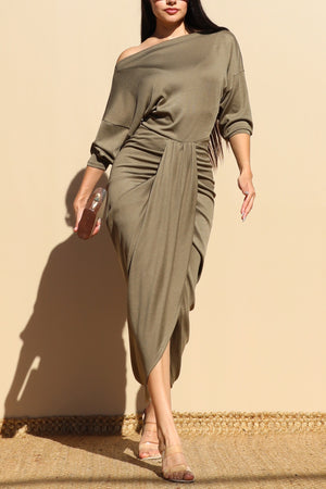 DD7528, OFF SHOULDER KNIT RUCHED BODYCON DRESS